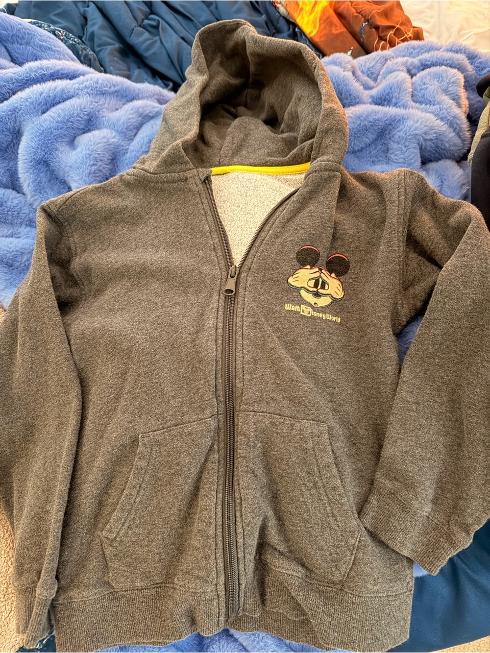 Disney Charcoal Gray Mickey Mouse Zip Hoodie with Yellow Trim